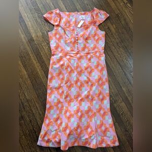 Anthropologie Orange Pink Geometric Cap-Sleeve Midi Dress